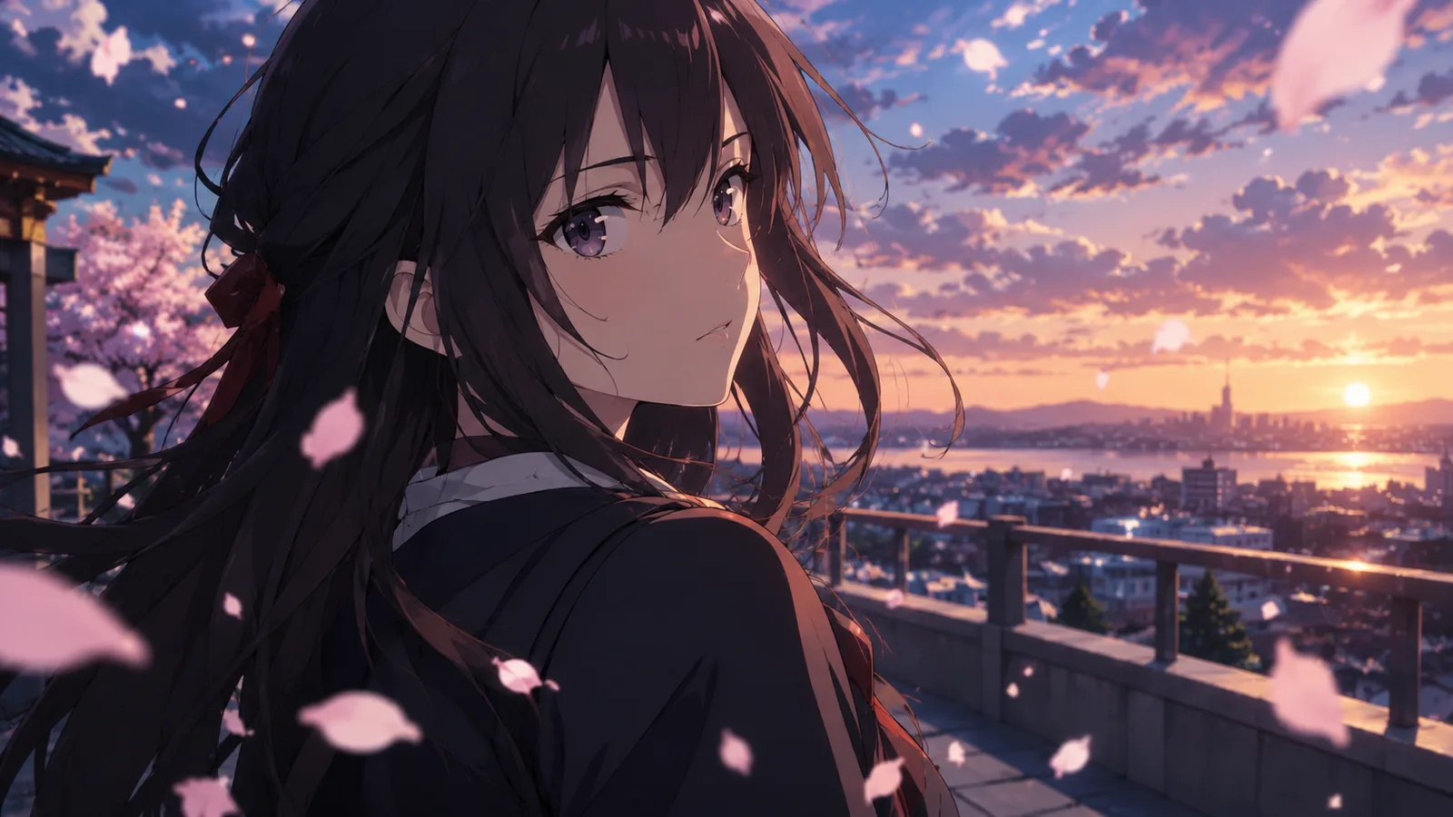 Anime still animated with falling petals and a slow camera push