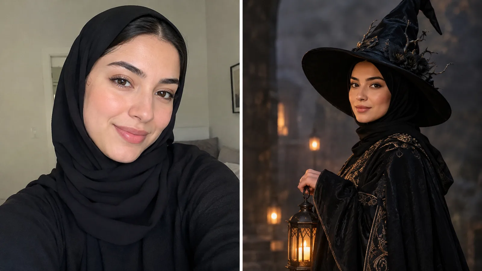 Selfie transformed into a gothic Halloween costume portrait with violet braids