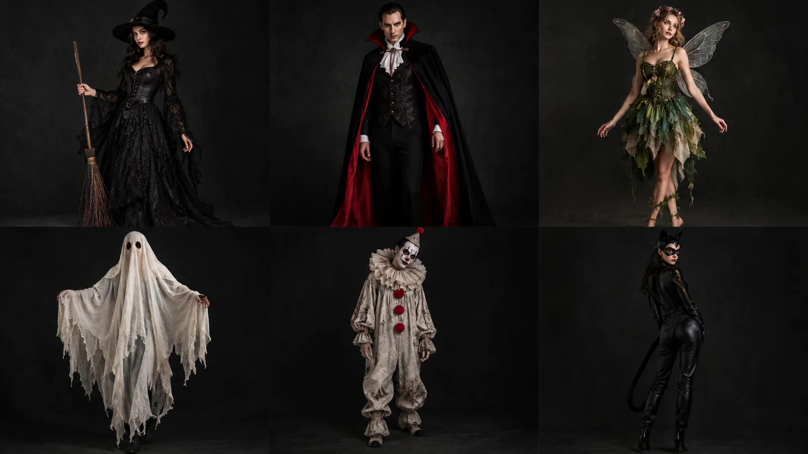 Grid of original Halloween costume concepts in a dark editorial style