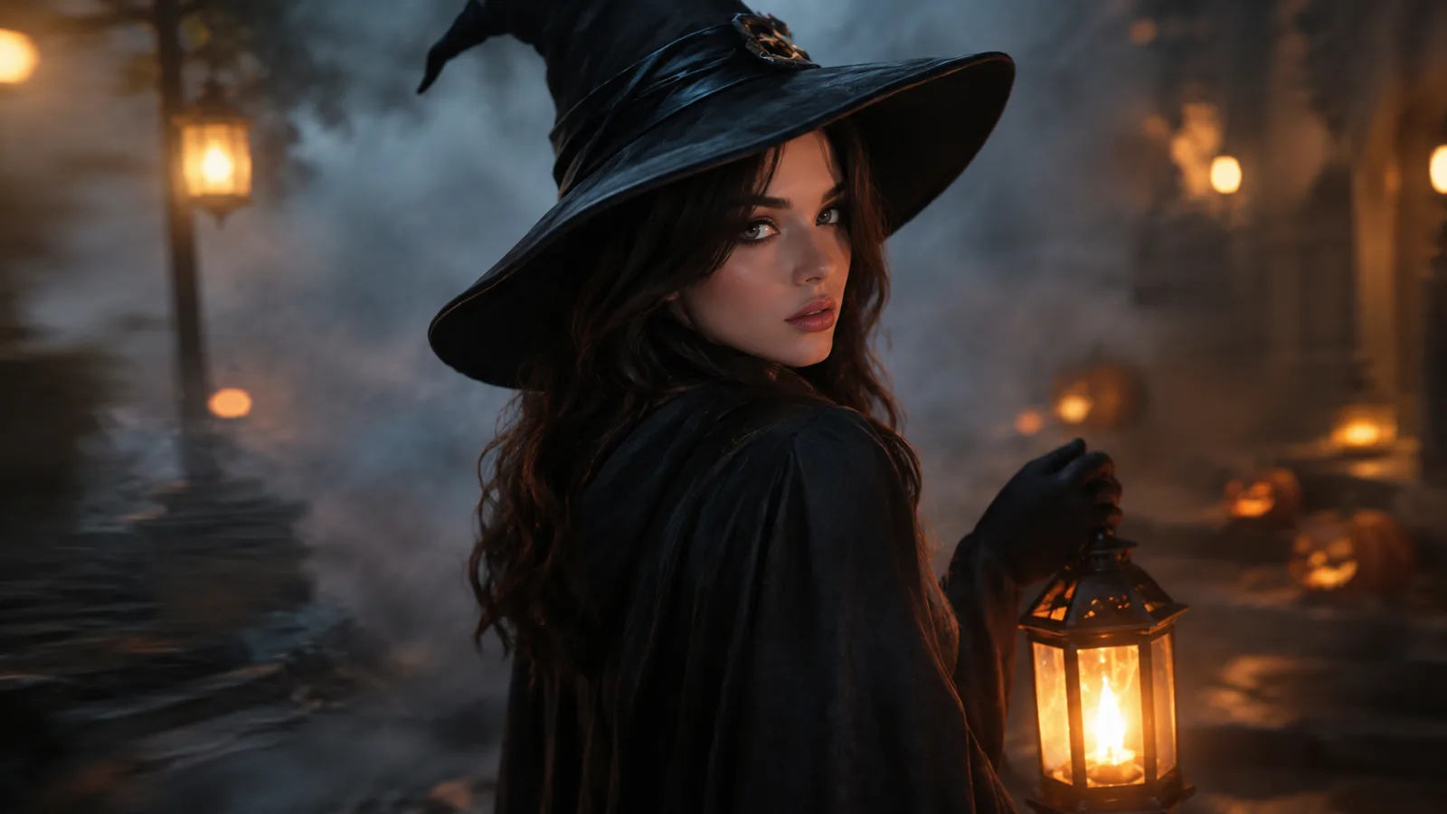 Cinematic Halloween portrait mid head-turn with fog and a slow camera push