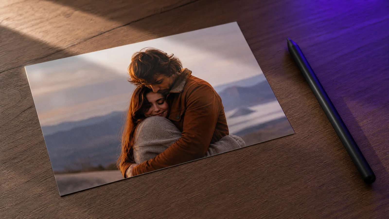 Two people hugging in warm light, framed as an AI video still