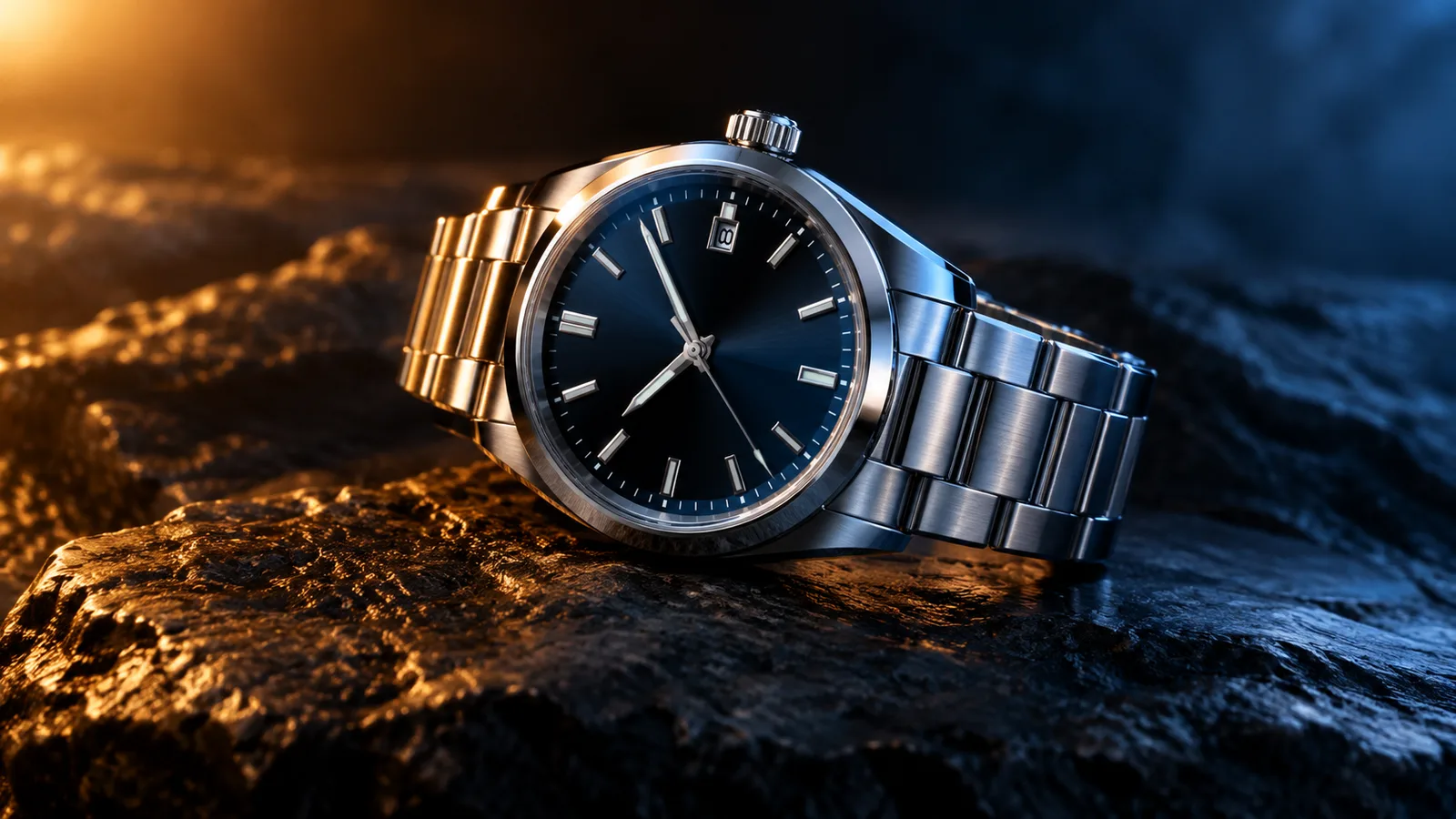 Product motion video still with a watch on dark stone and rim light