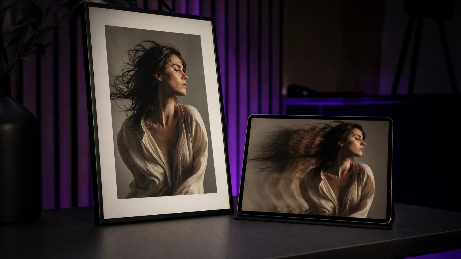 Portrait still on a soft gradient background with a subtle motion trail