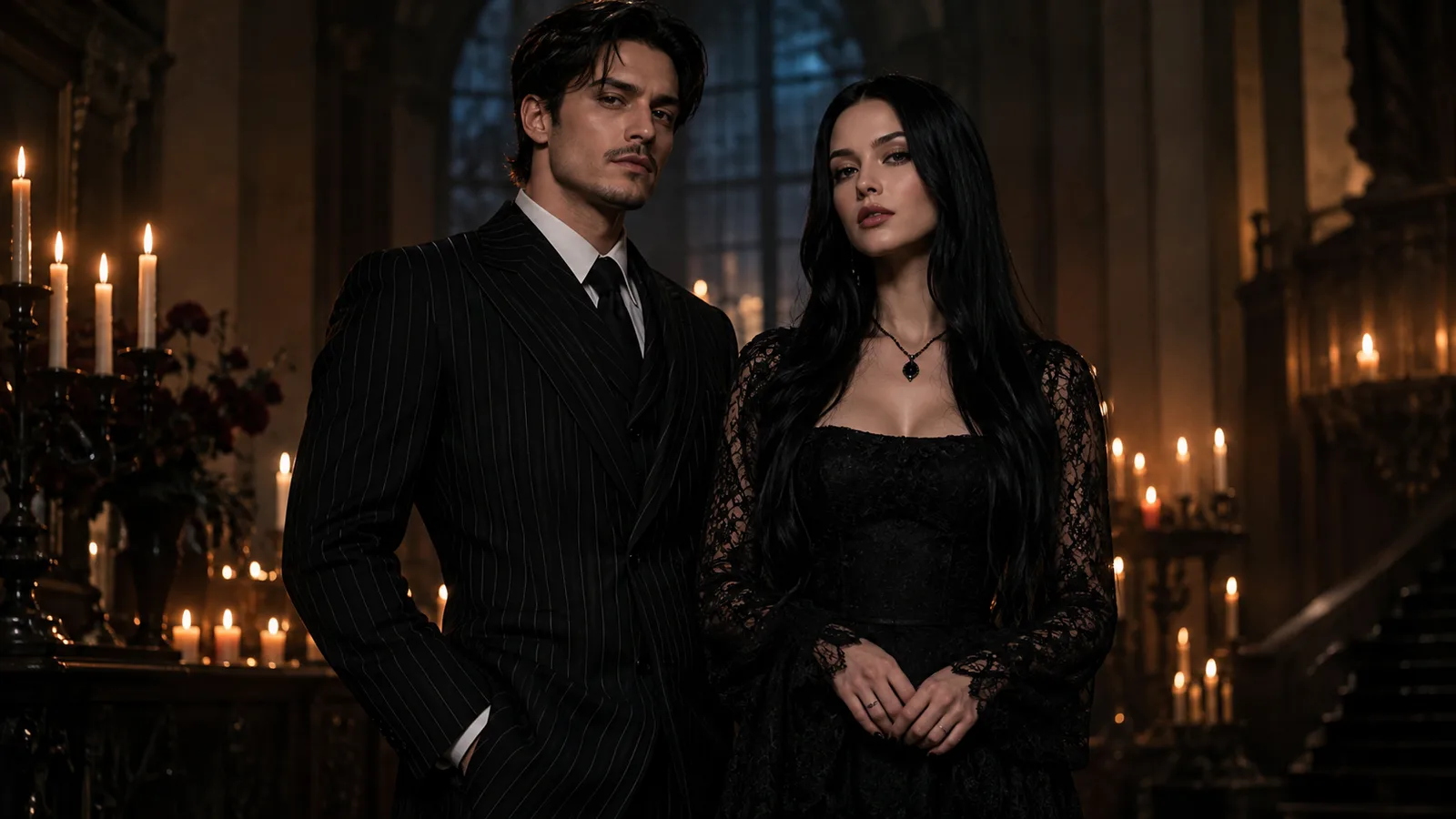 Two-person Halloween portrait in coordinated gothic costumes