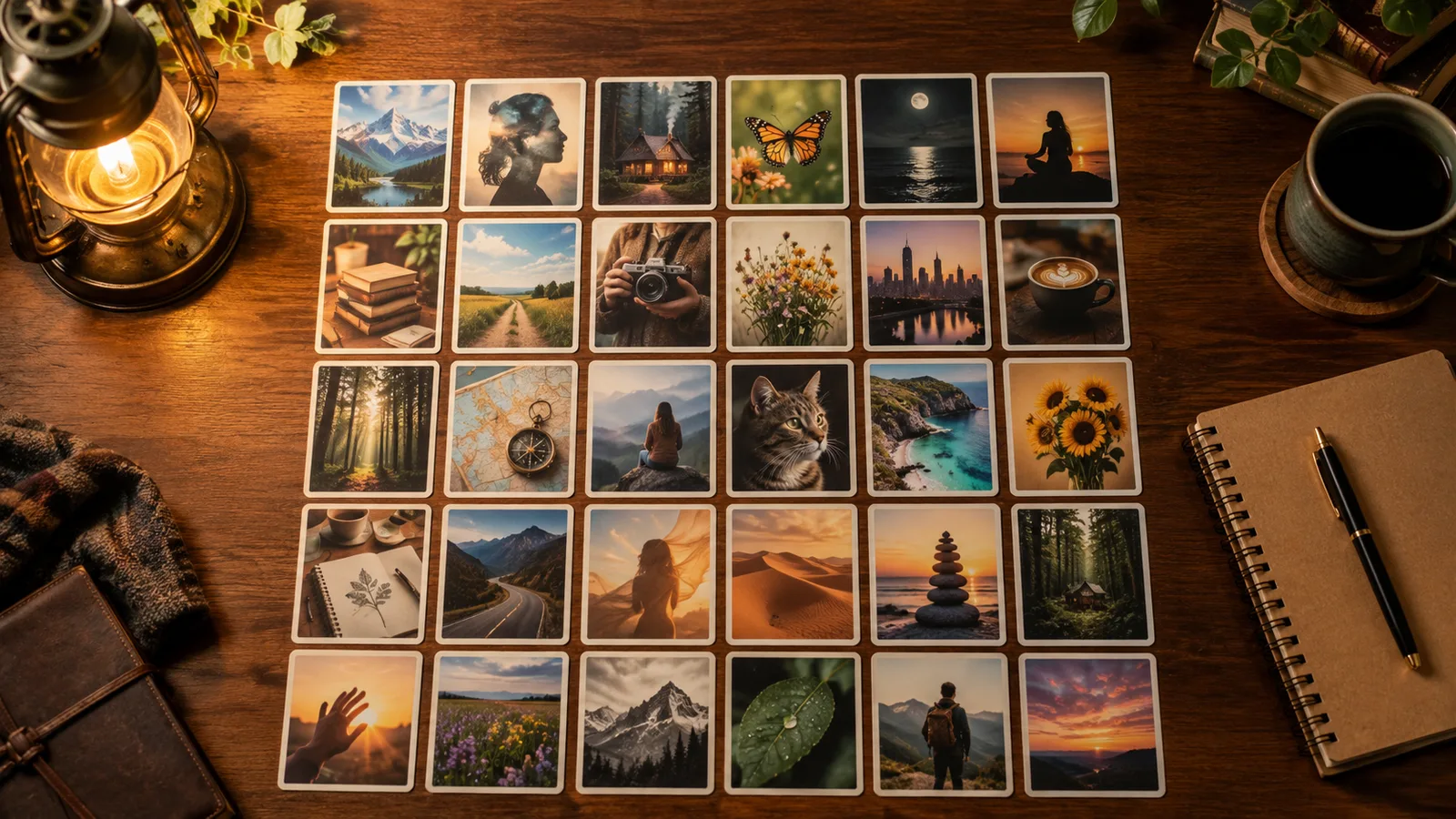 Halloween prompt cards arranged on a dark table with warm lantern light