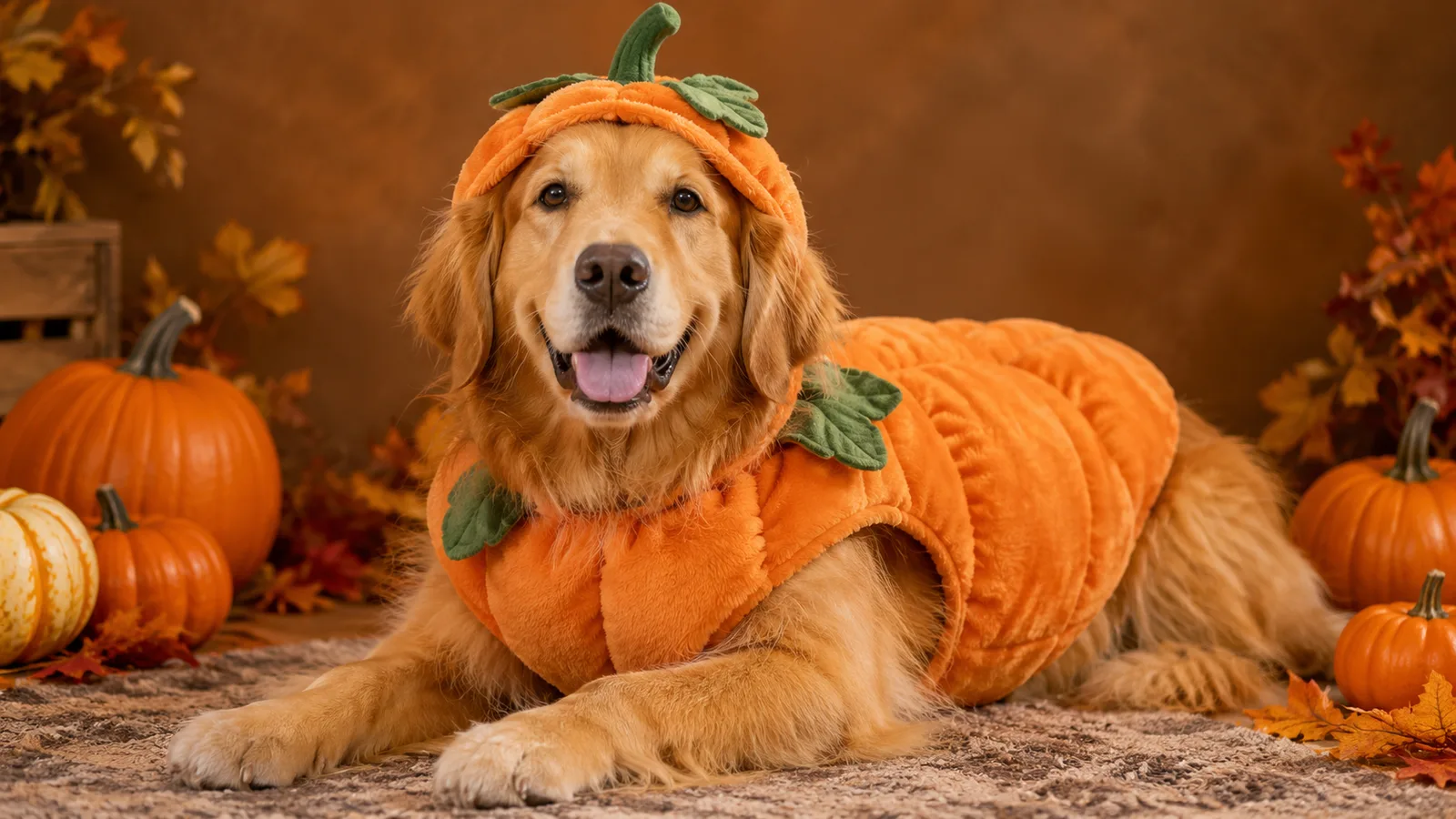 Pet portrait in a soft pumpkin costume with warm autumn studio light
