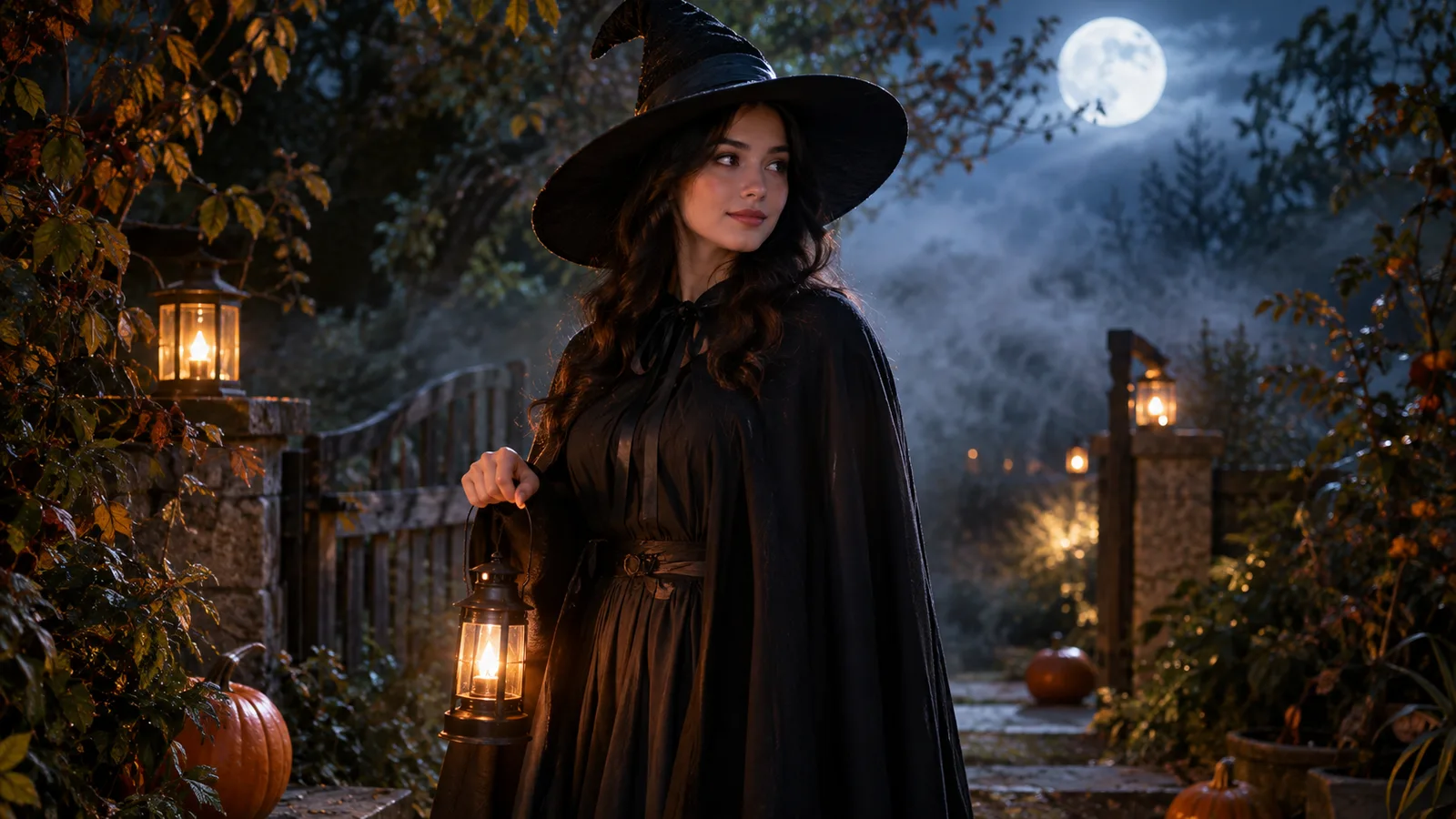 Halloween photo edit with a moonlit garden background and soft fog