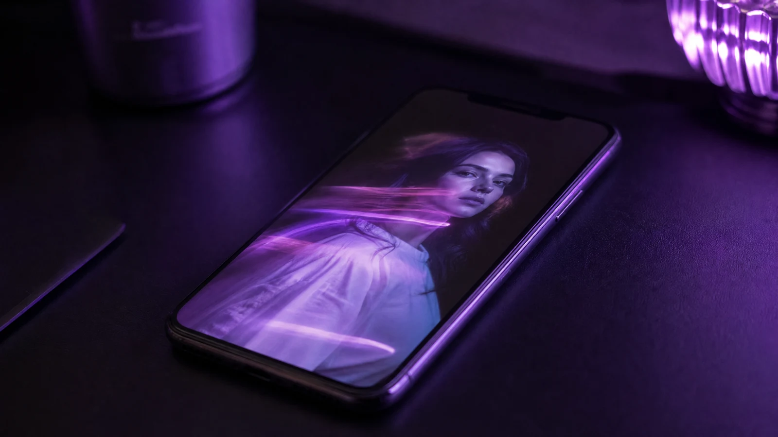 Phone lock screen showing a still portrait with a faint motion trail
