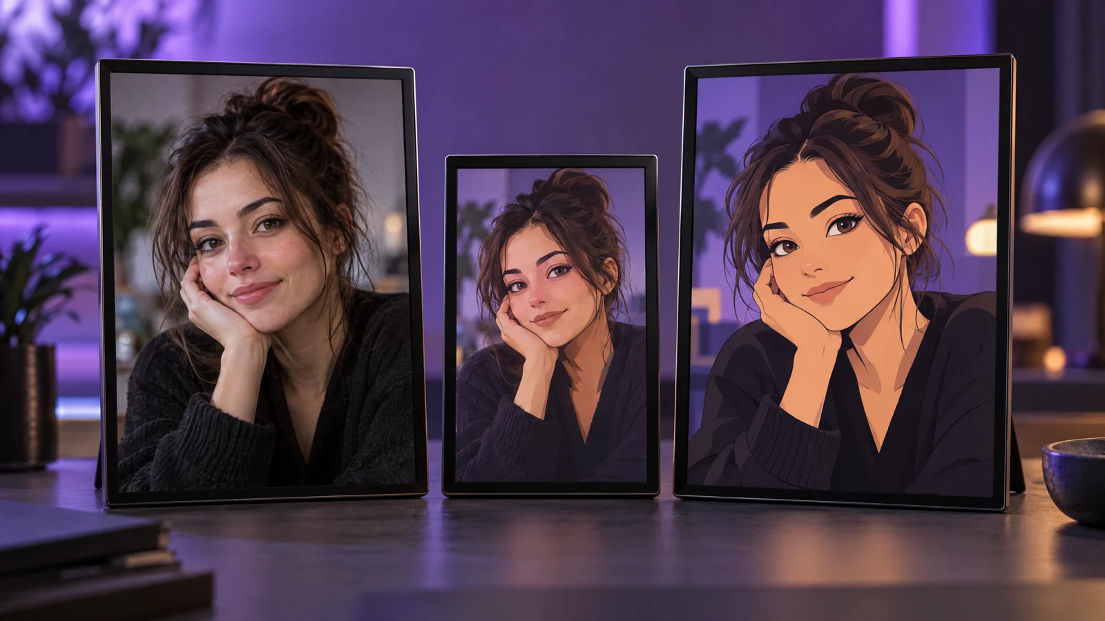 Photo and its 2D cartoon conversion side by side, with a motion frame between them