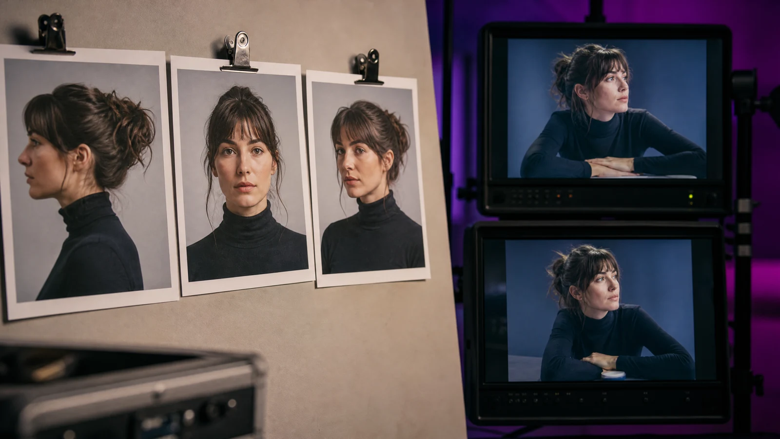 Three reference portraits arranged beside two video frames of the same character