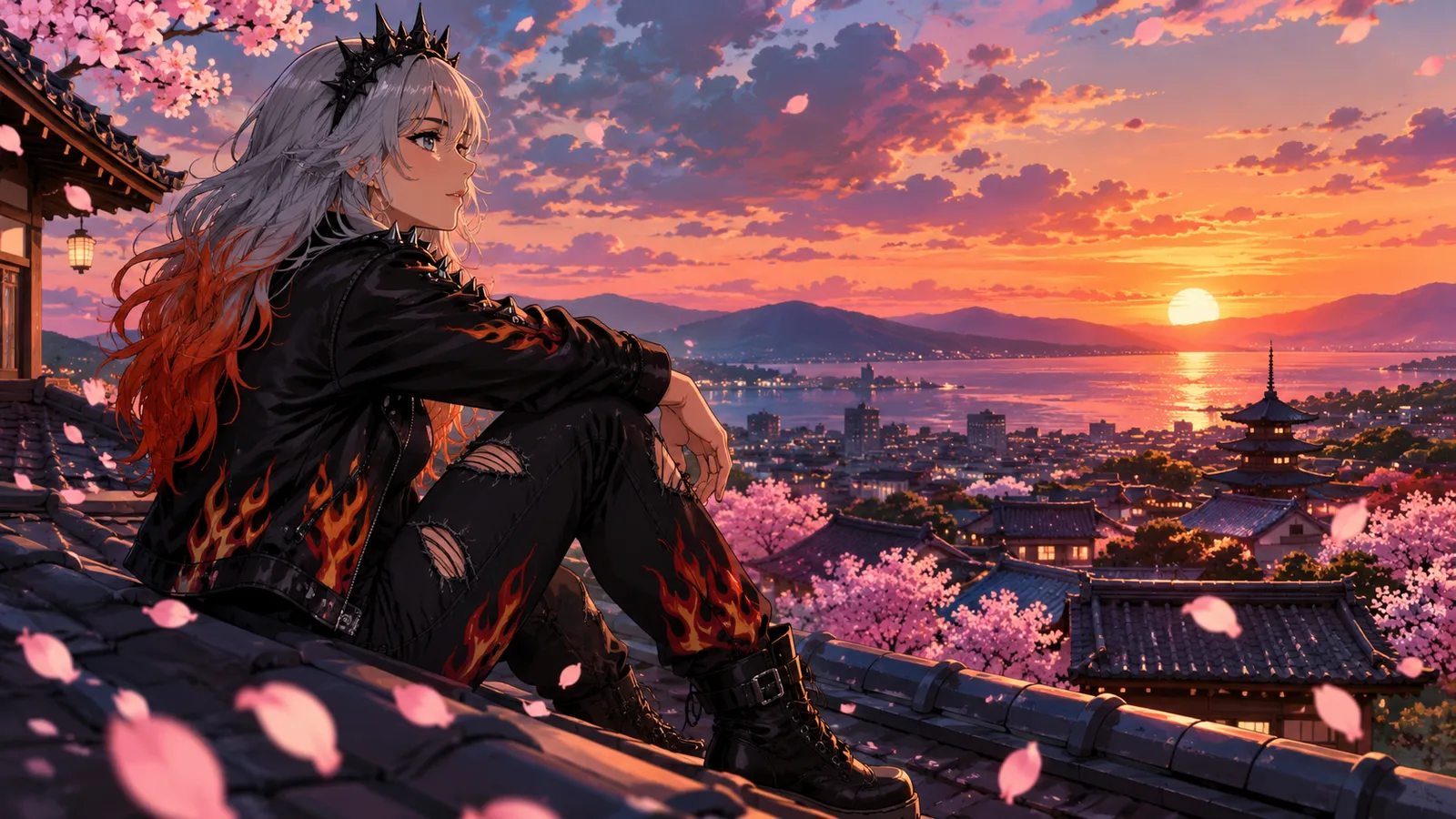 Anime-style still animated with a slow camera pan and falling petals