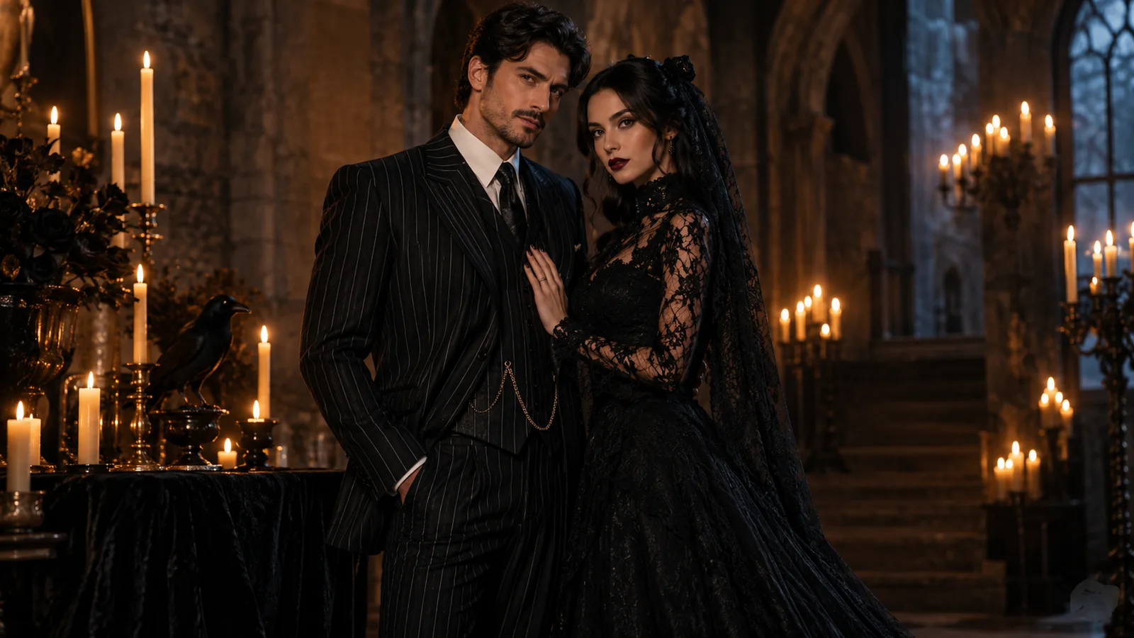 Two-person Halloween costume portrait in a moonlit garden with coordinated outfits