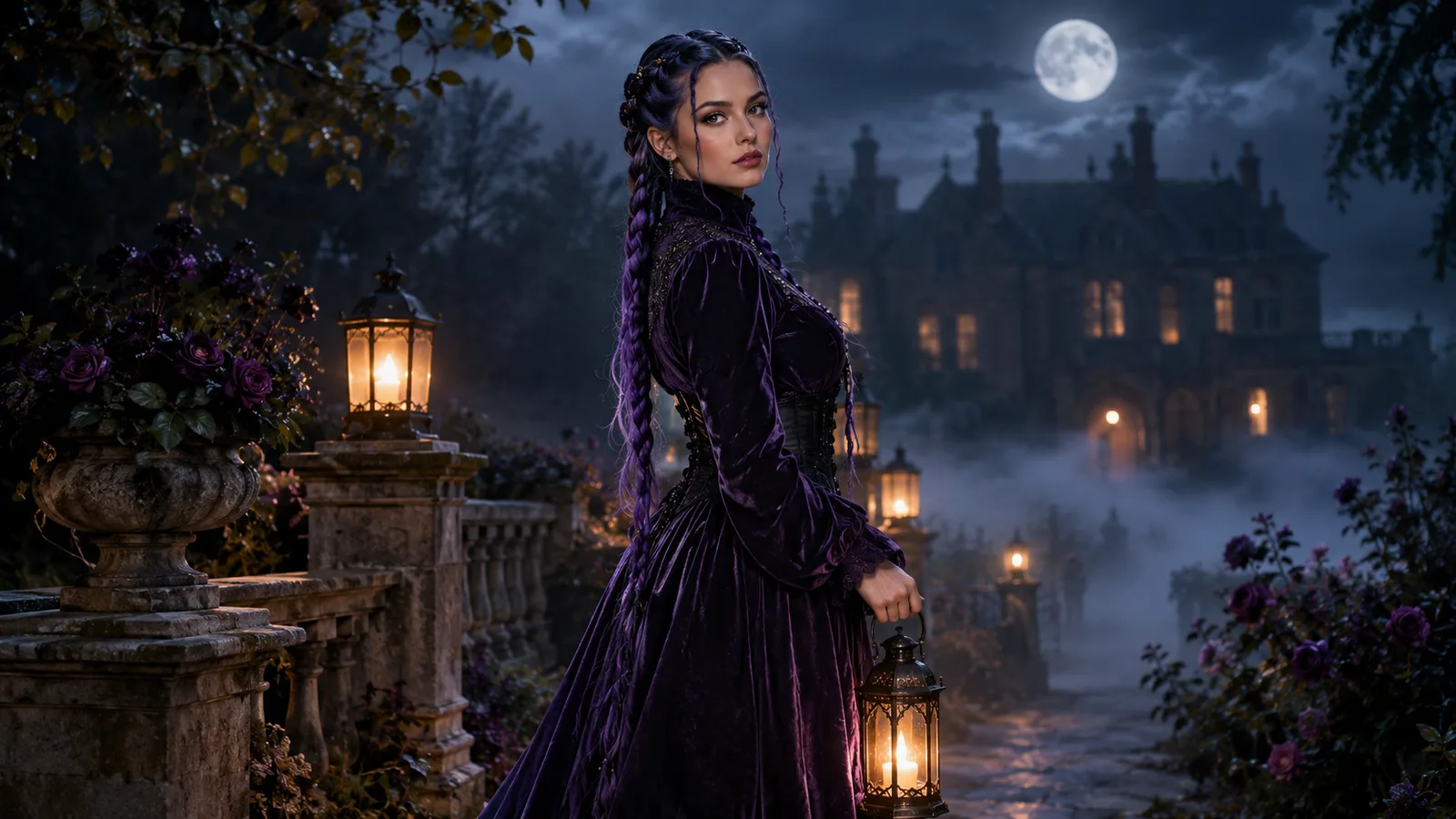 AI Halloween costume portrait with violet braids in a moonlit garden
