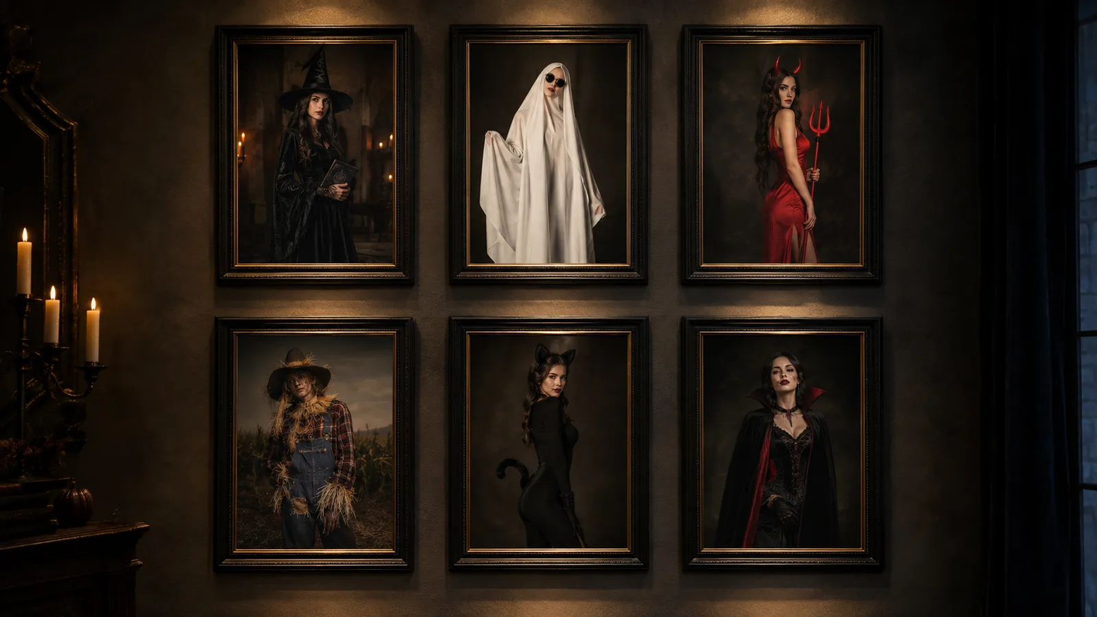 Gallery of original AI Halloween costume ideas in a dark editorial style