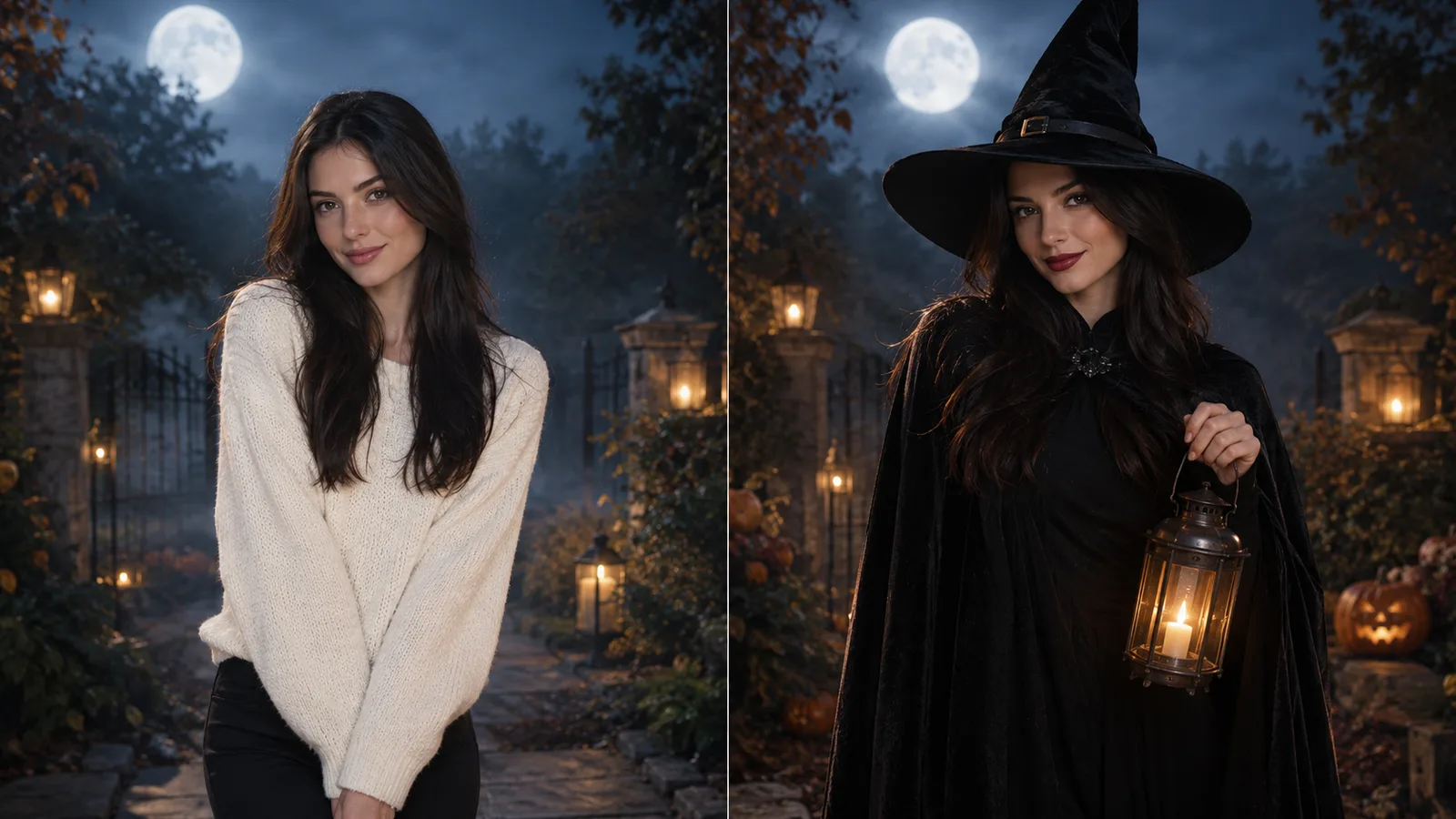 Halloween AI photo edit with fog, lanterns and a moonlit background