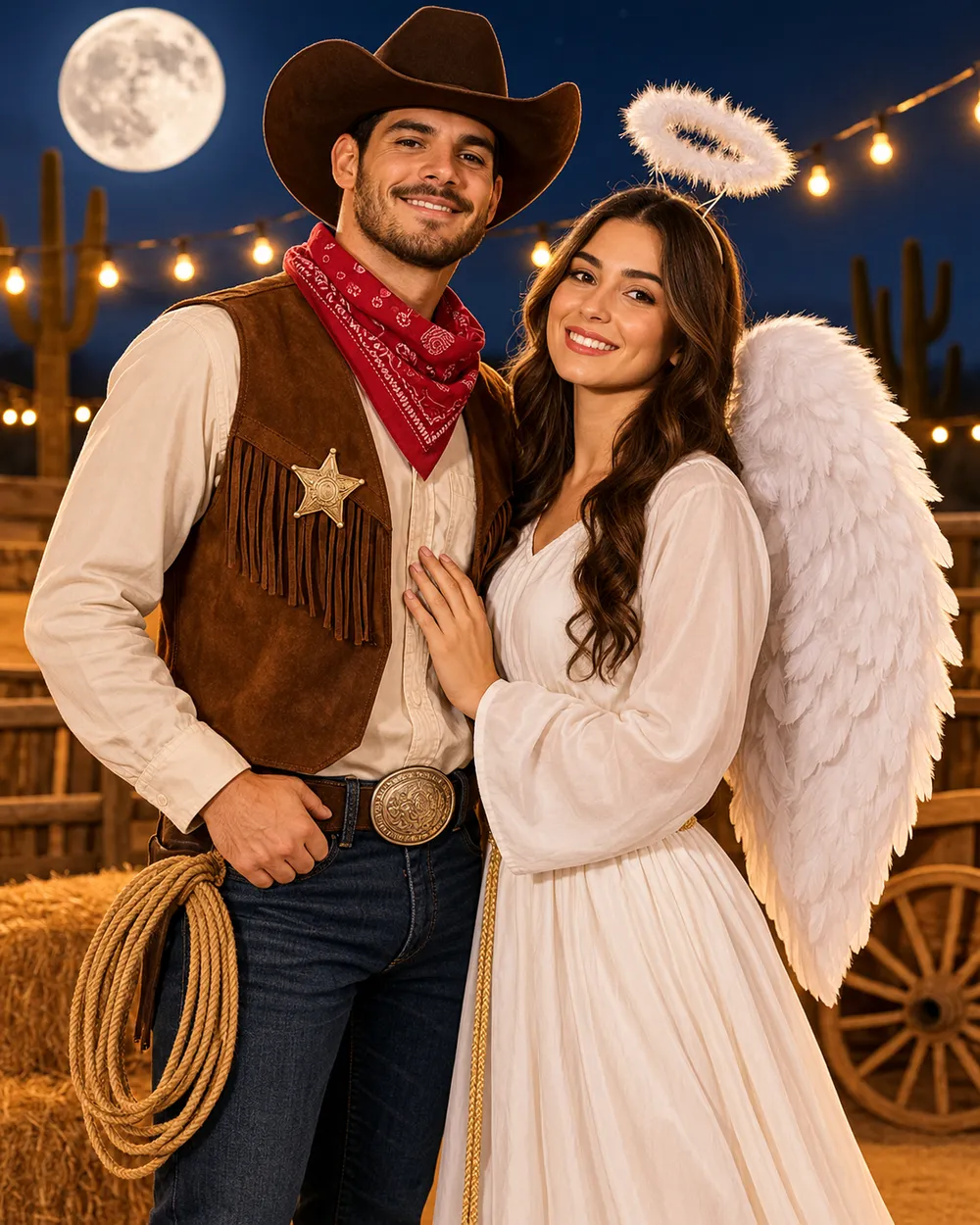 Cowboy and angel couple Halloween costume portrait