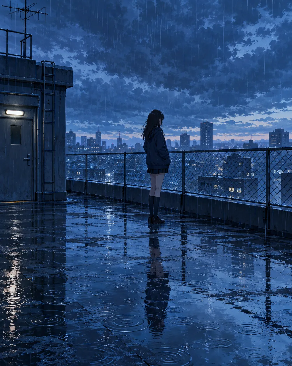 Rainy rooftop anime AI video preset
