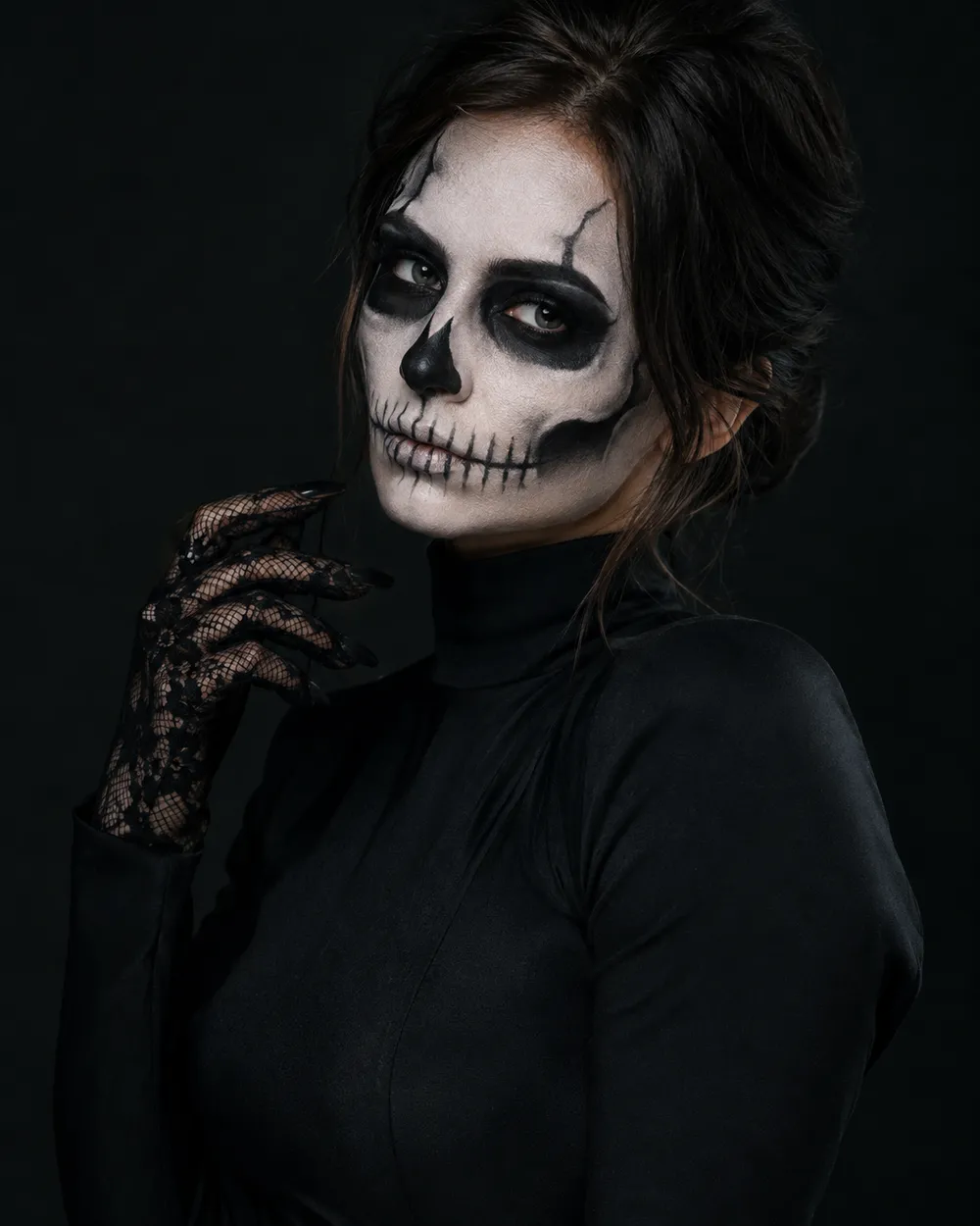 Skeleton Glam AI Halloween makeup portrait
