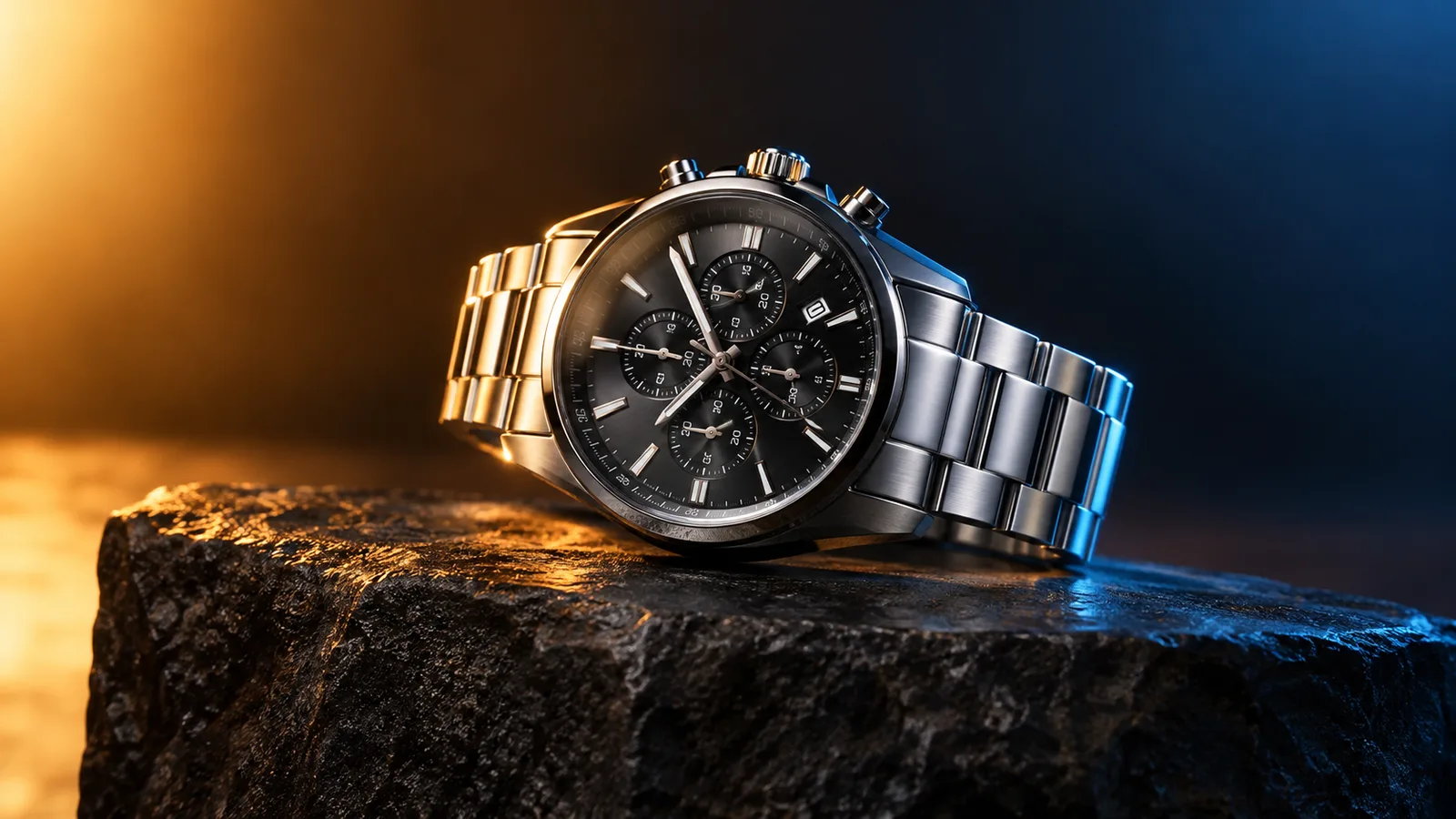 Product motion video still with a watch on a dark stone plinth and rim light