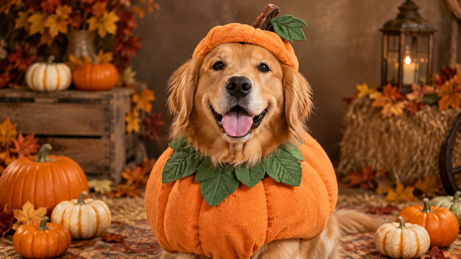 Pet portrait in a pumpkin costume with warm autumn studio light
